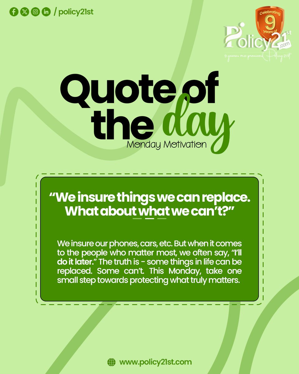 Policy21st2000's tweet image. We insure the things we can replace, but often overlook what truly matters.

Take a moment today to protect and value the people and moments that can’t be replaced. A small step now can make a lasting difference.
.
.
.
#financialplanning #securefuture #familyfirst #policy21st