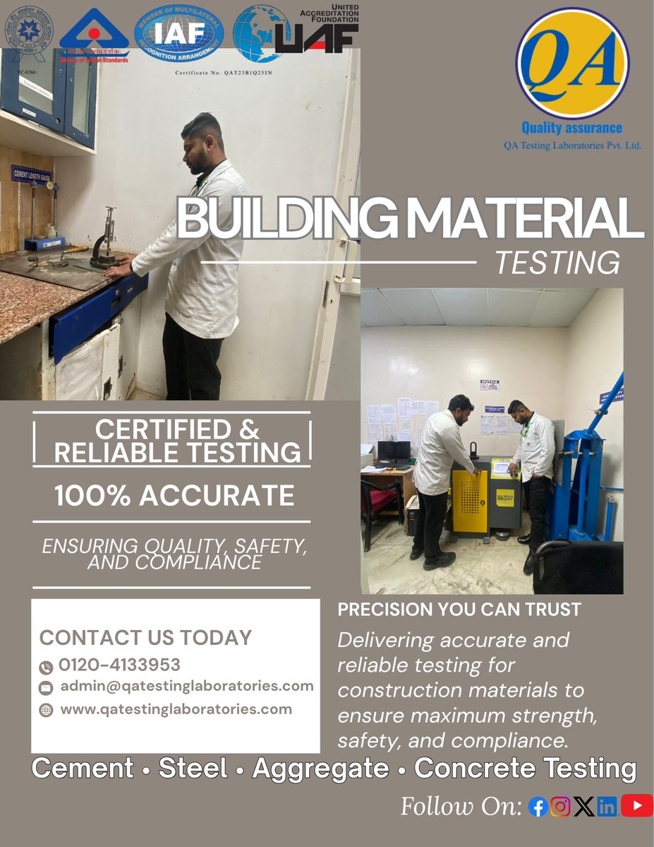 LaboratoriesQa's tweet image. Precision testing for stronger and safer structures.
#MaterialTesting #ConstructionQuality #BuildingSafety #LabTesting #CivilEngineering #QualityAssurance #ConcreteTesting #TrustedResults