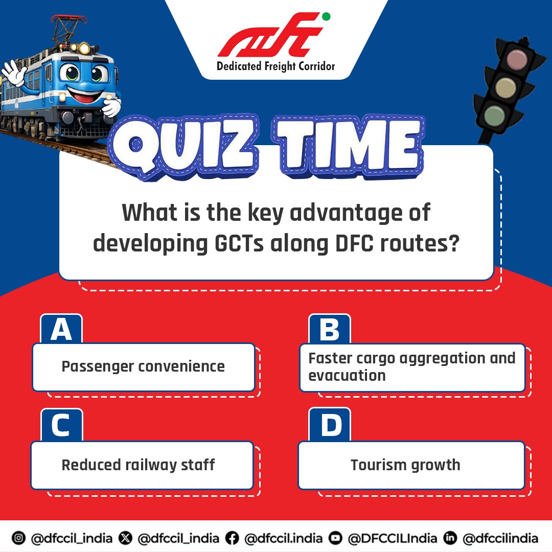 dfccil_india's tweet photo. #DFCQuiz Time!
Let’s test your knowledge about India’s #DedicatedFreightCorridors!
Take a guess and comment your answer below.
Tag a rail enthusiast and see if they can beat you! https://t.co/M9uzcphatf