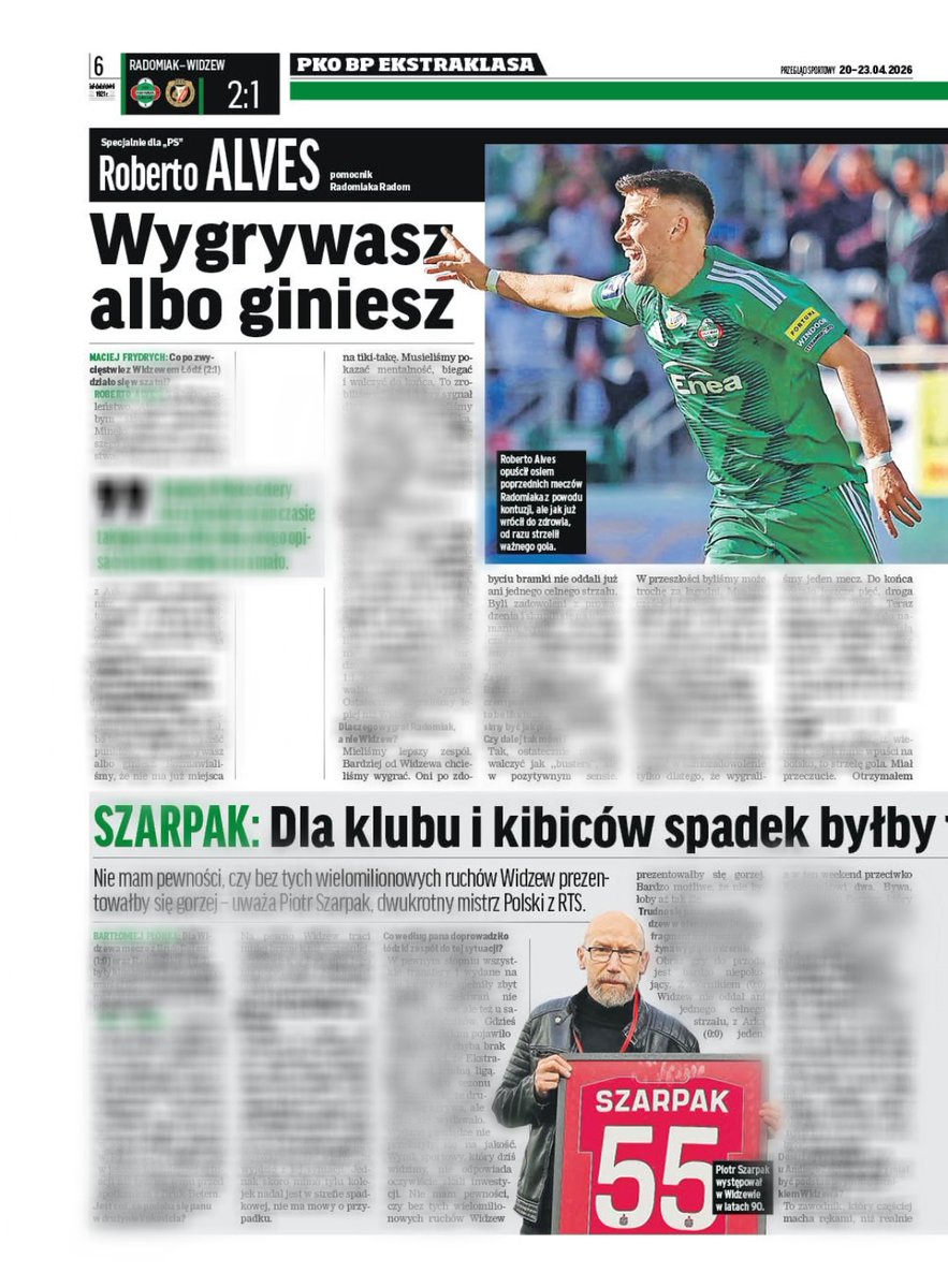 MaciejFrydrych's tweet photo. 🟢 Ponownie przekonałem się, że Roberto Alves to świetny rozmówca. Zapraszam na wywiad, a poniżej kilka cytatów bohatera Radomiaka Radom ⤵️

▪️Pierwsze wrażenie było takie, że sezon jest już dla mnie skończony. (...) Miałem być w Polsce dopiero za dwa tygodnie. Rozmawiałem jednak z fizjoterapeutami, lekarzem i dali zielone światło. Powiedzieli jednak, że nie jestem w stu procentach gotowy do grania. To nie miało znaczenia.  

▪️To było spotkanie o sześć punktów, czyli wygrywasz albo giniesz. Rozmawialiśmy, że nie ma już miejsca na tiki-takę. Musieliśmy pokazać mentalność, biegać i walczyć do końca. 

▪️Pokazaliśmy inne oblicze Radomiaka, a nie tylko granie w piłkę i składne akcje, ale bez dużej intensywności. Z Widzewem było odwrotnie, czyli więcej walki, charakteru i mentalności. 

▪️Ostatecznie musimy walczyć jak "busters", ale w pozytywnym sensie. W przeszłości byliśmy może trochę za łagodni.  

▪️Odbyłem fajną rozmowę z Jankiem Grzesikiem. Przez cały tydzień mówił mi, że jestem talizmanem zespołu i nadzieją. Wziąłem sobie to do serca i pomogłem drużynie. 

▪️Treningi są bardzo intensywne i ma podobne metody do Goncalo Feio, jeżeli chodzi właśnie o intensywność. Nie zmieniło się zbyt wiele.

▪️Co najbardziej cenię w trenerze Baltazarze? Bezpośredniość, bo to dla mnie ważna cecha w piłce. Czasami trenerzy lubią owijać w bawełnę, a on mówi co myśli. 

▪️Jestem w Polsce cztery lata i nie było w tym czasie takiego sezonu. Nie wiem, jak go opisać, bo słowo szalony to za mało.

Link poniżej ⤵️
@przeglad