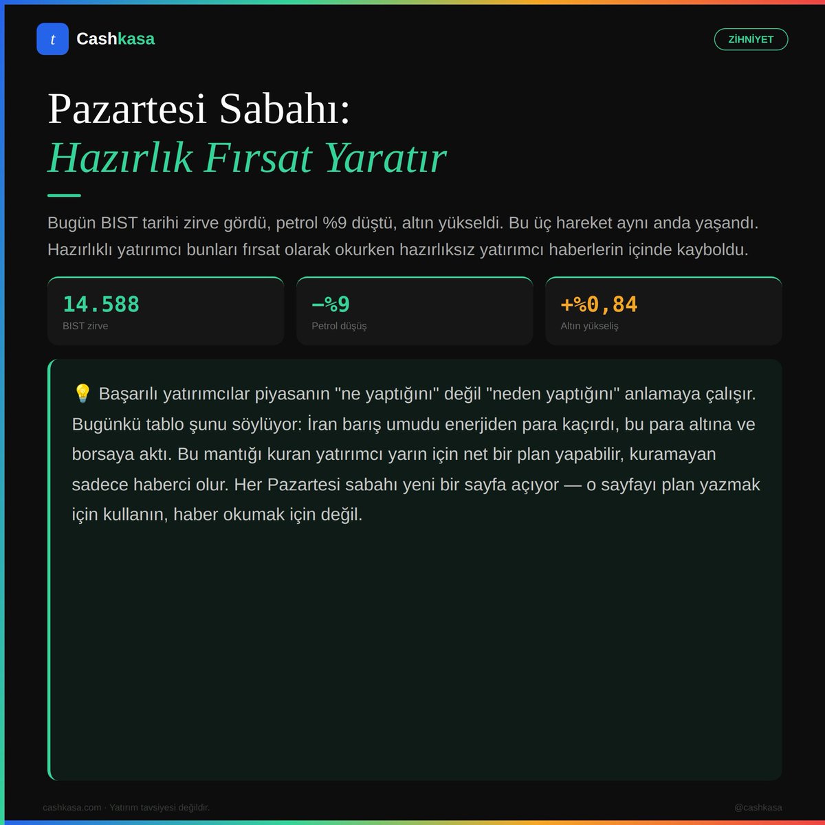 cashkasa's tweet image. ZİHNİYET

Pazartesi sabahı: Tarihi zirve, petrol şoku, altın rekoru.

Hepsi aynı anda geldi.

Hazırlıklı mısınız? 👆

#dolar #altın #borsa #enflasyon #ekonomi #faiz