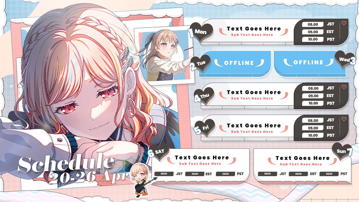 Reisaask's tweet photo. [FAKE PROJECT] 
Schedule Design (sample)

Nanami Hiromachi - bangdream

Open Commission  Vgen : https://t.co/r5akSe7FMY

#Schedule #Sceduledesign #vtuberパンツチャレンジ #vtuber #Vgen https://t.co/3zdNRp5Nc6