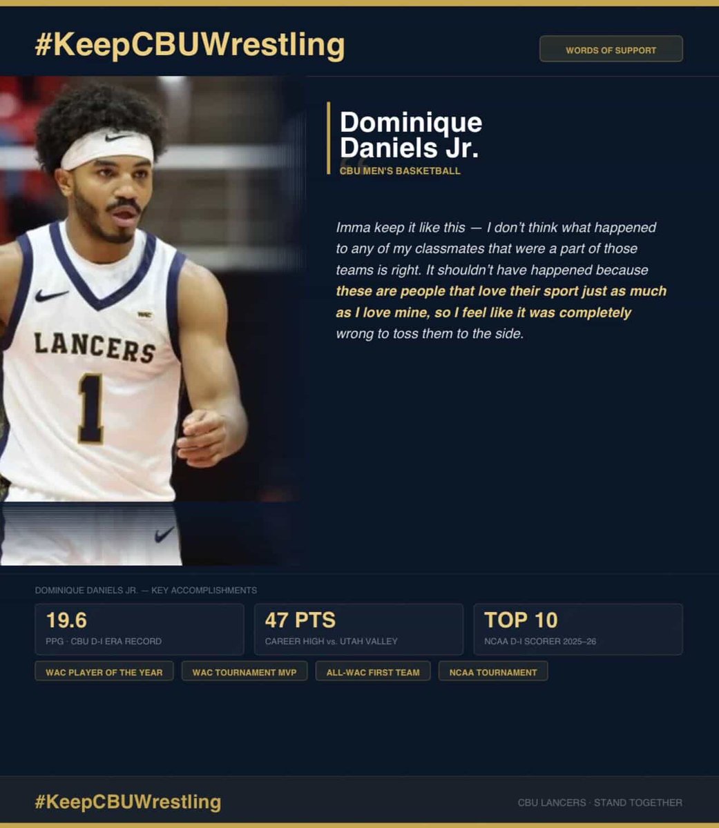 WrestlingSNL's tweet photo. CBU men’s basketball players are now publicly speaking out in support of keeping California Baptist wrestling.

A program that posted a 3.51 team GPA, and produced five All-American Scholars, yet Cal Baptist still chose to cut it.

Support for this team is bigger than @DrMicahParker could ever know!!