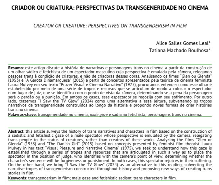 meu artigo “criador ou criatura: perspectivas da transgeneridade do cinema” finalmente foi publicado 🥹
