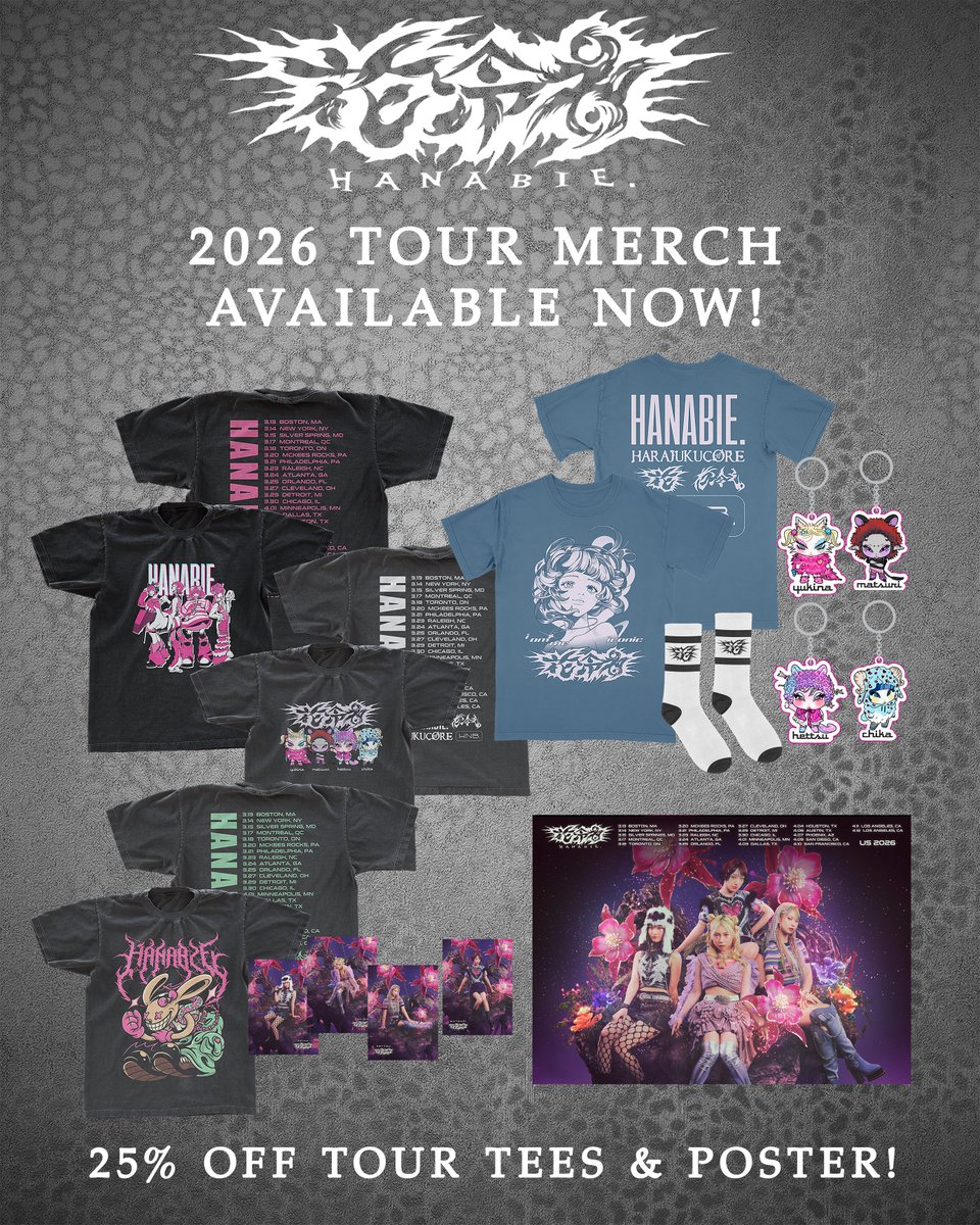 HA_NA_BIE_'s tweet image. 【💥MERCH📢】

"HANABIE. 2026 NORTH AMERICA TOUR"

2026 Tour Merch
available now!!

25% off tour tees &amp;amp; poster❗️

Check it out now🔥

hanabie-store.myshopify.com

#花冷え #hanabie 
#Hanabieworldtour2026