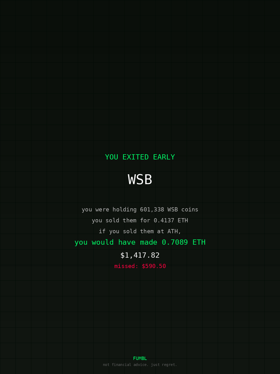 momokawa1030's tweet image. just checked fumbledbags.xyz can’t believe I didnt cash out on $WSB 
coulda been rich :( 

0x15F20f9DFDf96CCf6AC96653b7C0aBfe4A9C9f0f 
#zerion
#cold