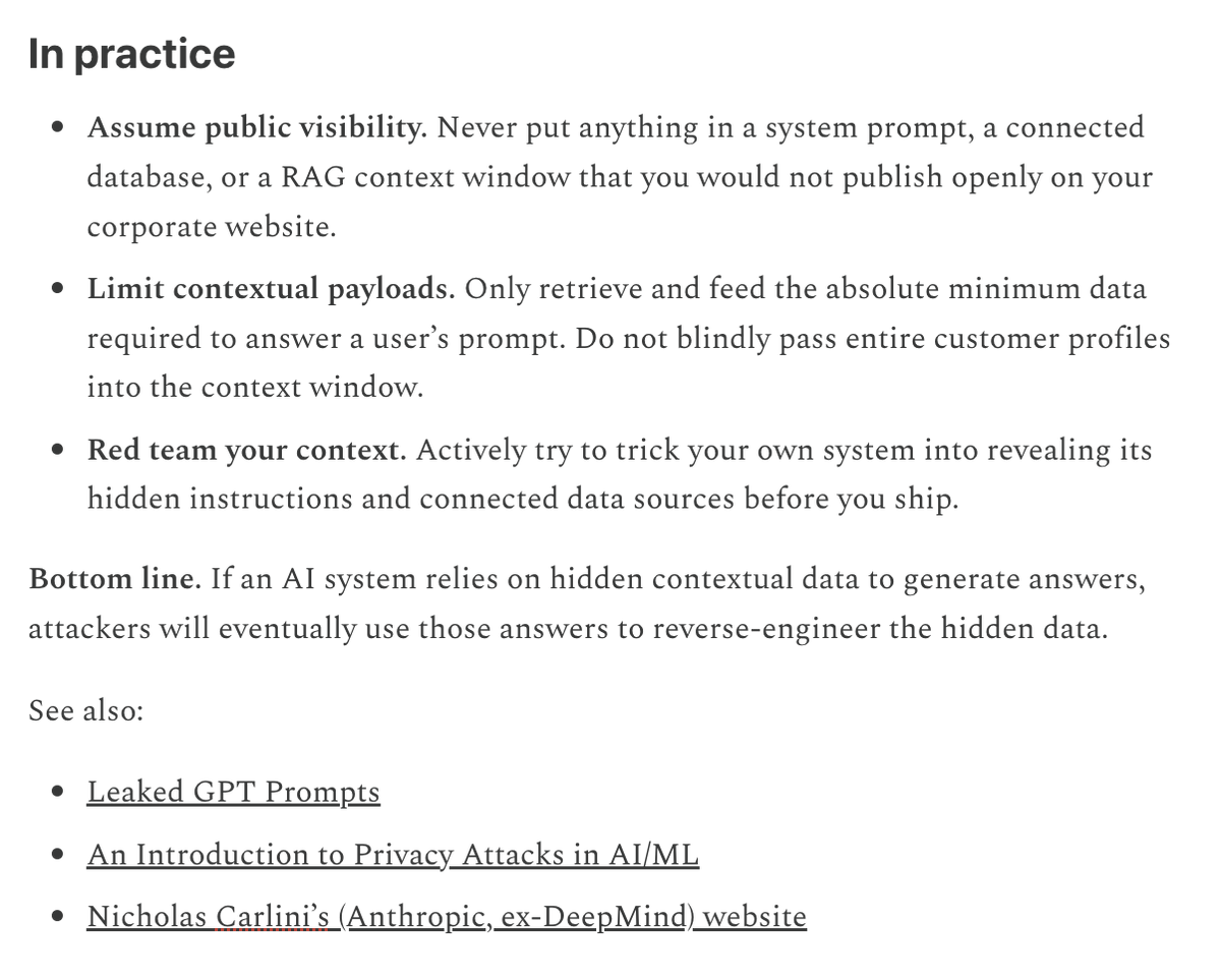 AI Builders are slowly realising that they should assume their system prompts will be exfiltrated and made public (See Opus 47. already!). Few realize that their entire agent harnesses are as good as public.

I spoke with AI Privacy &amp; Security Expert Katharine Jarmul about all