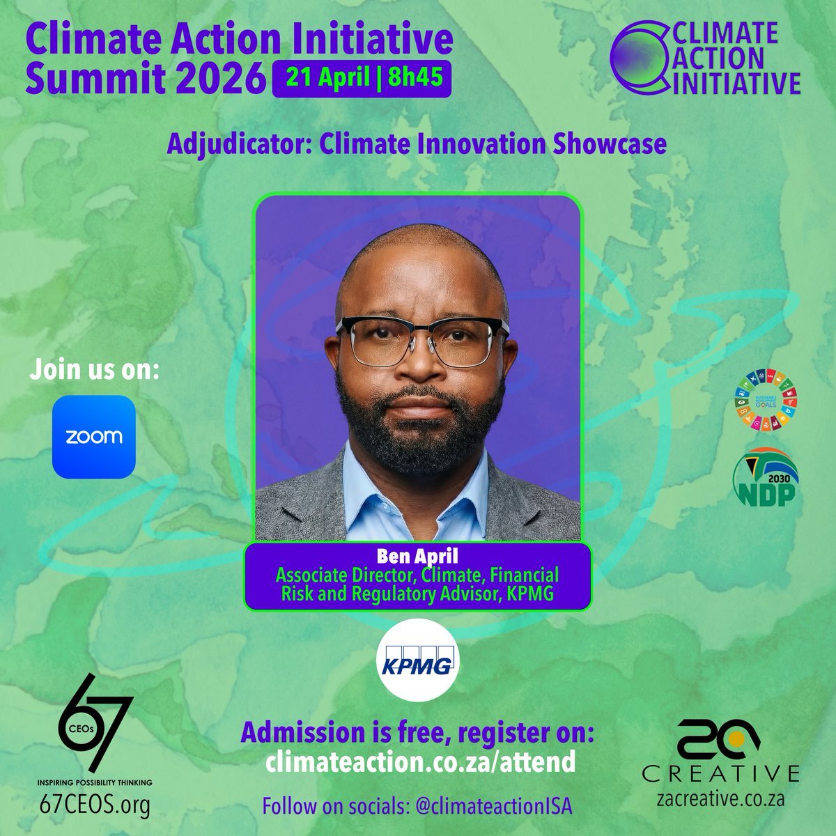 67CEOs's tweet photo. There is only one way we are going to accelerate the race to net-zero in Africa, by supporting climate-tech, agri-tech, clean-tech and green economy startups. They must be at the centre of policies, key activities and finance. They are agile, smart and very courageous in their ambition. They are the real MVPs, turning ambition into action.

We are excited that the following South African startups will be presenting their business model and innovation during the Climate Innovation Showcase segment, at the Climate Action Initiative Summit:

Greenalot
Kheswa Agri-Consulting (Pty) Ltd
YelloWaste
Green Proteins

The adjudicators/mentors are:
Ronell Govender, Global Sustainability Business Partner, Naspers-Prosus Group

Ben April, Associate Director, Climate, Financial Risk and Regulatory Advisor, KPMG