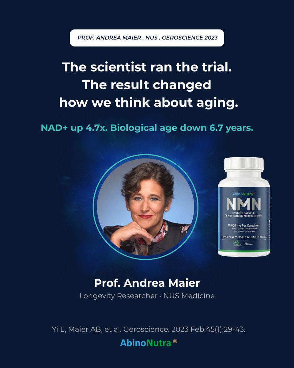 AbinoNutra's tweet image. Professor Andrea Maier conducted one of the largest NMN trials ever.

That's the NMN in this bottle.🧬

#support #age #healthcarein #sciencebasedstandards
