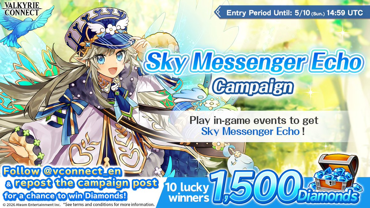 vconnect_en's tweet photo. ／
Sky Messenger Echo Campaign📦️
＼

10 lucky winners get 1,500 Diamonds🎁💎

★Entry★
1⃣  Follow @vconnect_en
2⃣  Repost this post🔃

⚠Until 5/10 (Sun.) 14:59 UTC
More info👉https://t.co/H4V2IAPDUK

#ValkyrieConnect https://t.co/pIMJQRAYLF