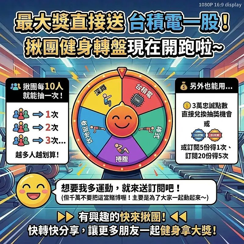 揪團健身轉盤開跑！大獎送 #台積電一股 📈
健身是主餐，抽獎是 Bonus！揪越多、抽越多，趕快帶朋友一起動起來：
🔥 如何獲得抽獎機會？
🔹 揪團： 每 10 人成團抽 1 次（20 人 2 次...無上限）
🔹 點數： 3 萬忠誠點數換 1 次
🔹 訂閱： 5 份得 1 次 / 20 份得 5 次
非賭博，目標是大家一起變健康！💪