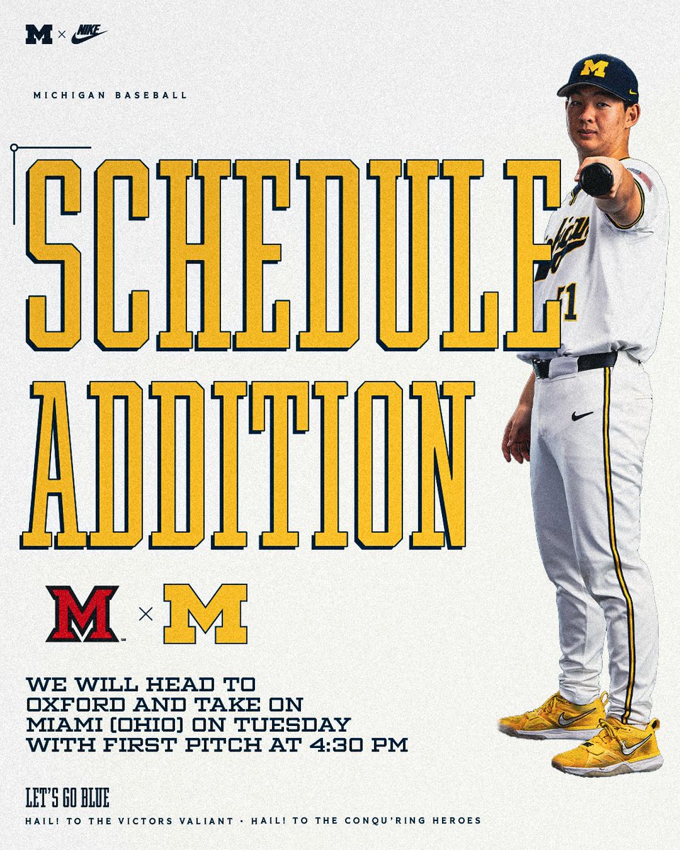 umichbaseball's tweet image. 🚨 Schedule Changes 🚨

Instead of hosting Dayton on Tuesday, we will now travel to Oxford, Ohio and take on Miami (Ohio) in a midweek contest. 

Release: myumi.ch/VVwb3

#GoBlue