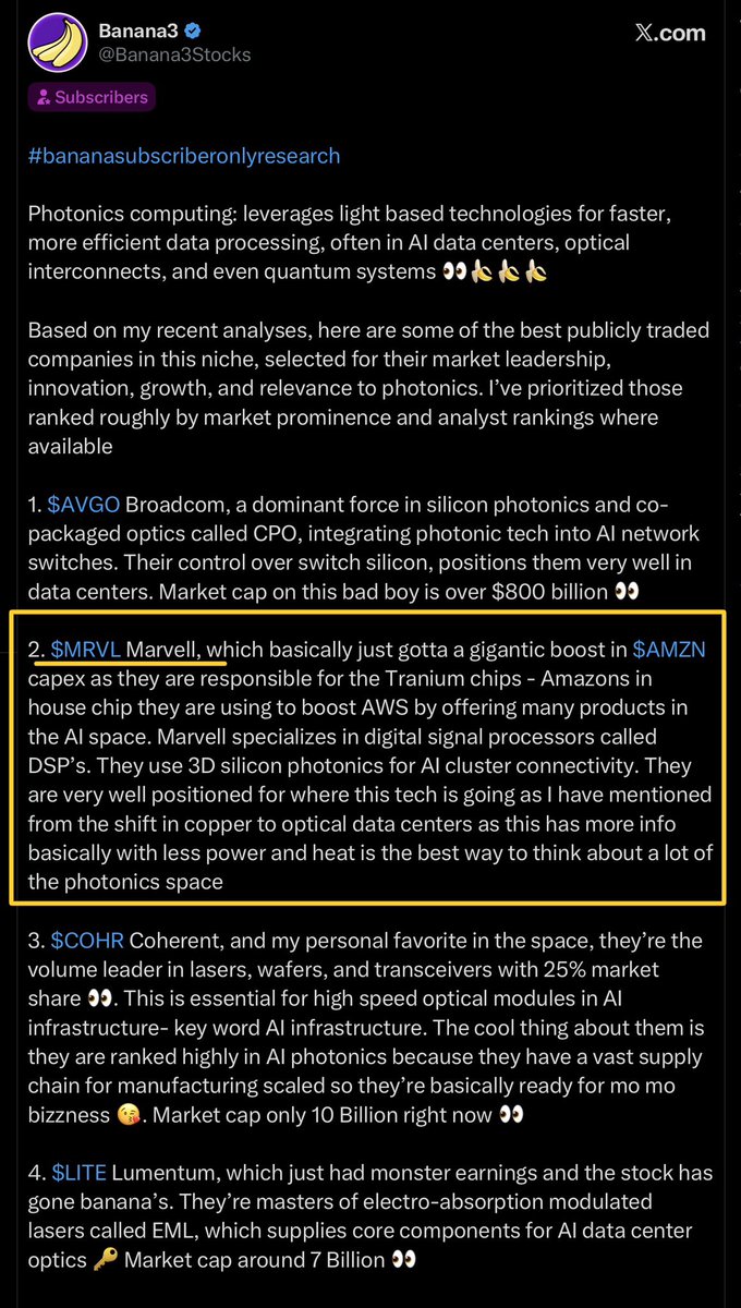 Banana3Stocks's tweet photo. $MRVL $GOOGL

Months ago for my SUBSCRIBERS 🍇 I did an in DEPTH write up and POUNDED the table on several specific names - $MRVL was one of them 

$MRVL Was $70 dollars at the time of deep research and analysis I did for my SUBSCRIBERS - names like $COHR and $LITE and $AAOI and $LWLG and some other special names

Most of them have DOUBLED and TRIPLED in price per share in just a few months and now $MRVL has MORE THAN DOUBLED!!!! 👀👀👀🤯🤯🤯

Regardless of the correction in the markets or IRAN a or OIL, the analysis and names given to my SUBSCRIBERS have not cared about any of that nonsense and have been on literal FIRE! 🔥 

$MRVL Is up another $10 points on news with $GOOGL to leverage their incredible technologies 

Here’s just a small taste below when this was just $70 dollars - $80 dollars ago 🤯🤯🤯