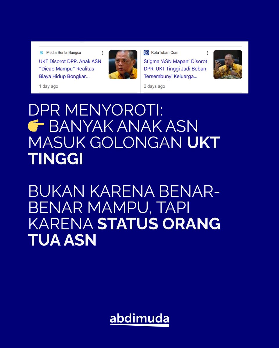 abdimuda_id's tweet photo. Anak ASN dianggap mampu bayar UKT golongan tinggi?
Bagaimana pendapatmu?
#asnlyfe #pns #abdimuda #ukt #umbies https://t.co/neFIWZdzP9