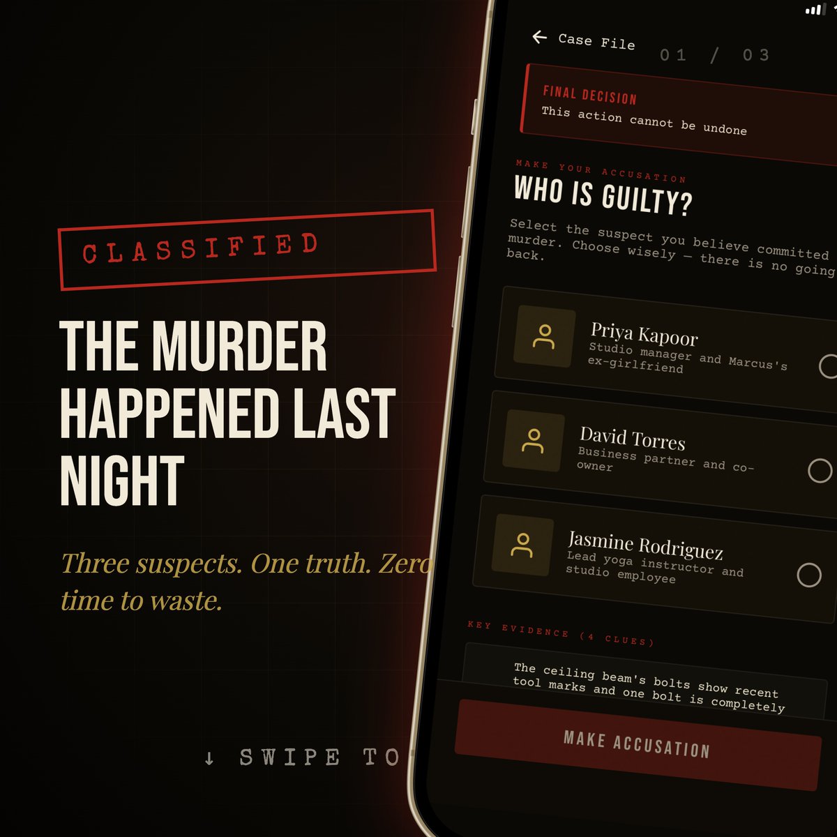 bhuwanlabs's tweet image. True crime fans — we built this for you.

The murder happened last night

5K+ downloads in the first week

App Store &amp;amp; Google Play. Free download link in the reply.

#IndieGame #IndieDevHour