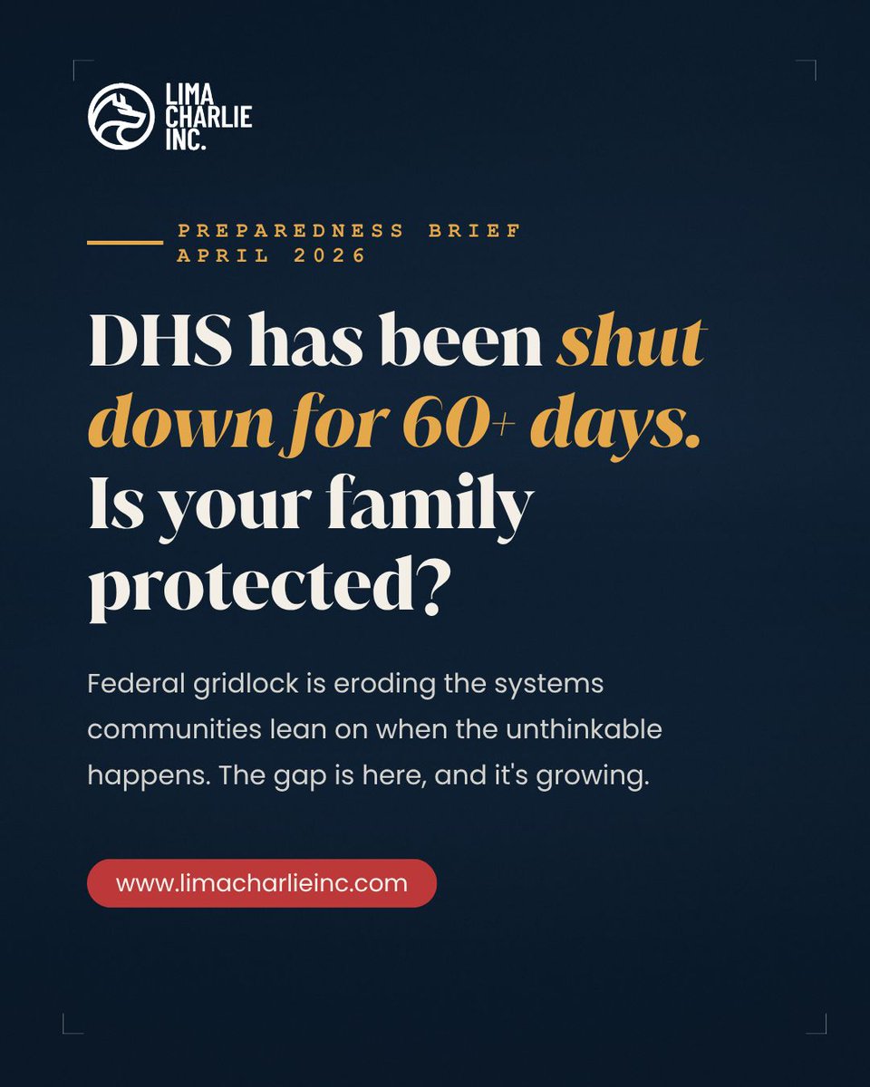 limacharlie_inc's tweet photo. DHS has been shut down for over 60 days. And disaster season is not waiting.
While Congress debates the FY27 budget, proposed cuts to FEMA preparedness grants are putting the programs your community relies on at real risk. State Homeland Security grants, Urban Area Security funding, local training programs. The gap left behind falls directly on families.

At Lima Charlie Inc we have seen what happens when families are caught off guard. We have deployed within 24 to 48 hours of disaster declarations alongside FEMA to make sure no family faces recovery alone.

The question is not if a disaster will happen. It is whether your family will be ready when it does.

Swipe through to understand what is changing in Washington and what it means for you. 👉

📞 (888) 418-4773
📧 support@limacharlieinc.com
🌐 https://t.co/PCnDQUHZVN

#LimaCharlieInc #HousingSolutions #FamilyFirst #DisasterReady #EmergencyHousing #FEMA #VeteranOwned #SDVOSB #CommunityStrong #EmergencyManagement
