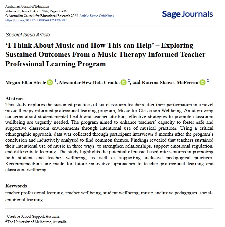 AusJournalEd's tweet image. This #SpecialIssue study offers valuable insights into how music therapy-informed strategies can support wellbeing in educational settings. #FreeAccess until end of May.
brnw.ch/21x1JXo 

#ArtsinEducation @SageJournals @acereduau #MusicEd