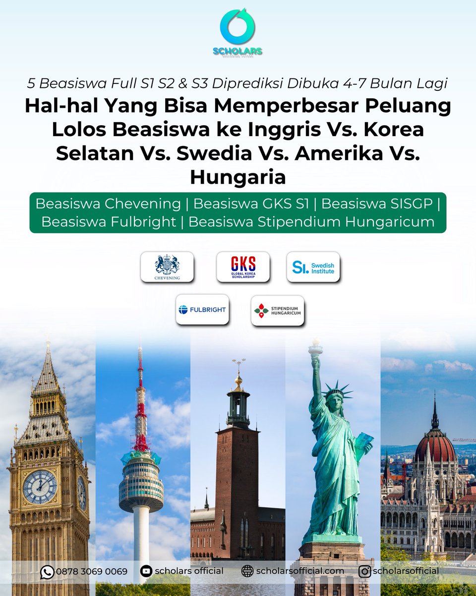 scholars_ig's tweet image. 5 beasiswa full s1 s2 s3 ini diprediksi buka 4–7 bulan lagi 👀
 bukan cuma nunggu tapi ini saatnya kamu siapin strategi biar peluang lolos makin besar!
mulai dari sekarang, pahami apa yang dicari tiap negara: inggris, korea, swedia, amerika, sampai hungaria ✍️✨
#beasiswa