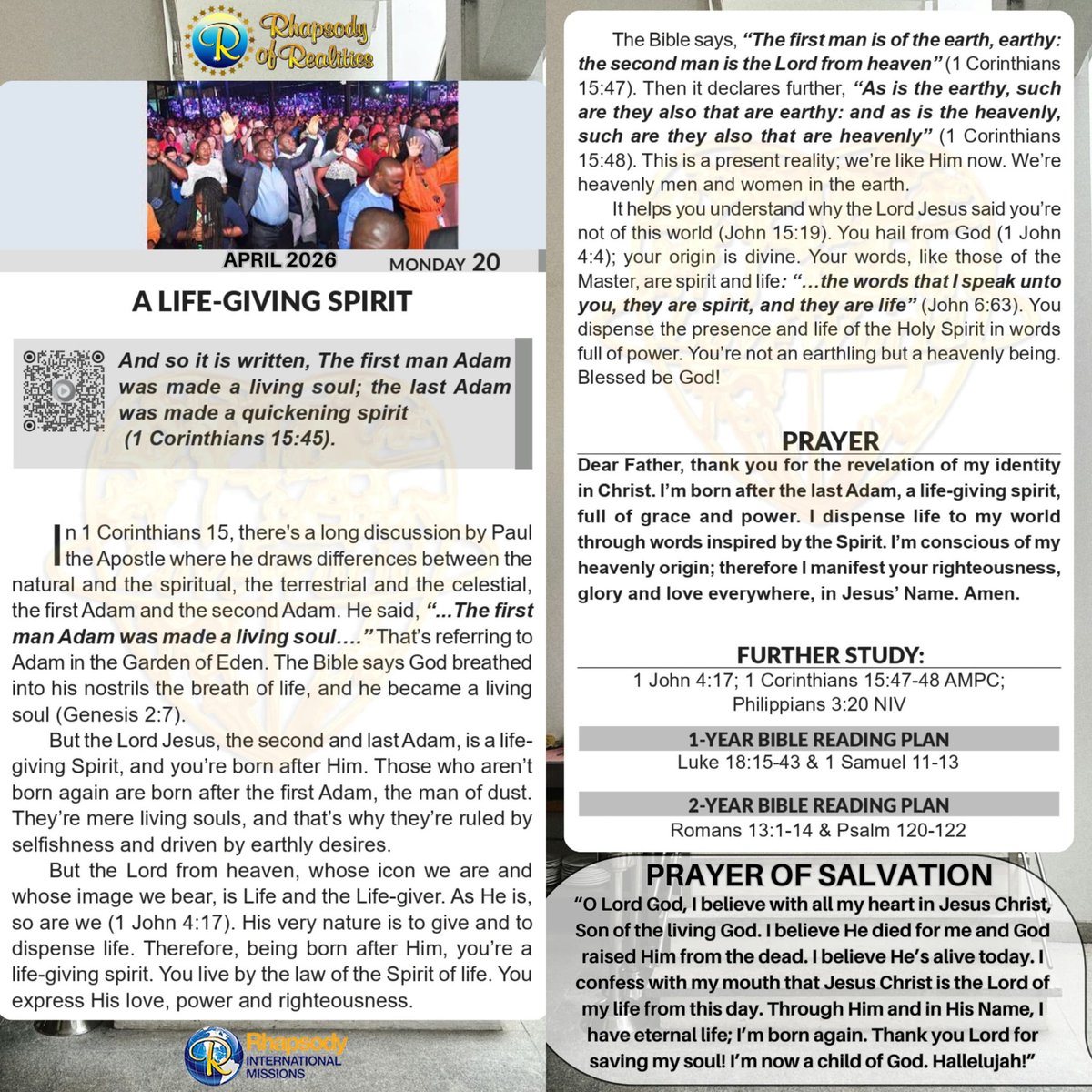 A LIFE-GIVING SPIRIT

And so it is written, The first man Adam was made a living soul; the last Adam was made a quickening spirit_ (1 Corinthians 15: 45)

In 1 Corinthians 15, there's a long discussion by Paul the Apostle where he draws differences between the natural and the
