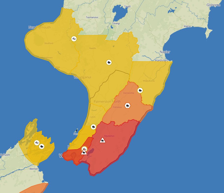 Issued: 2:06pm Mon 20 Apr
🌧️Heavy Rain Warning - Red
Period: 34hrs from 2pm Mon, 20 Apr - midnight Tue, 21 Apr
Area: Wairarapa
Forecast: Expect 80 to 120 mm to accumulate, but 200 to 280 mm about the ranges and coastal hills. Peak rates of 15 to 25 mm/h, but 25 to 40 mm/h