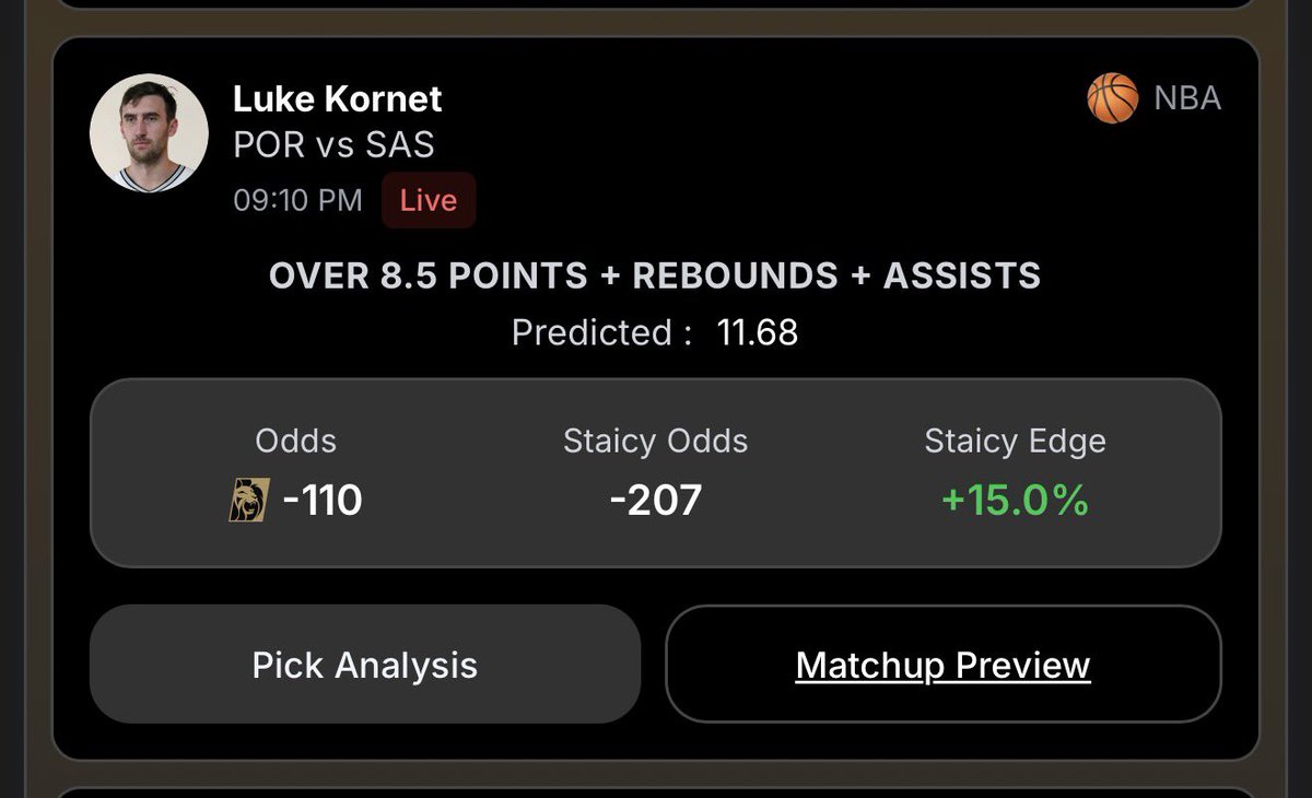 Spurs / Blazers - Luke Kornet with an easy 1H cash as one of our Picks of the Day.  

✅