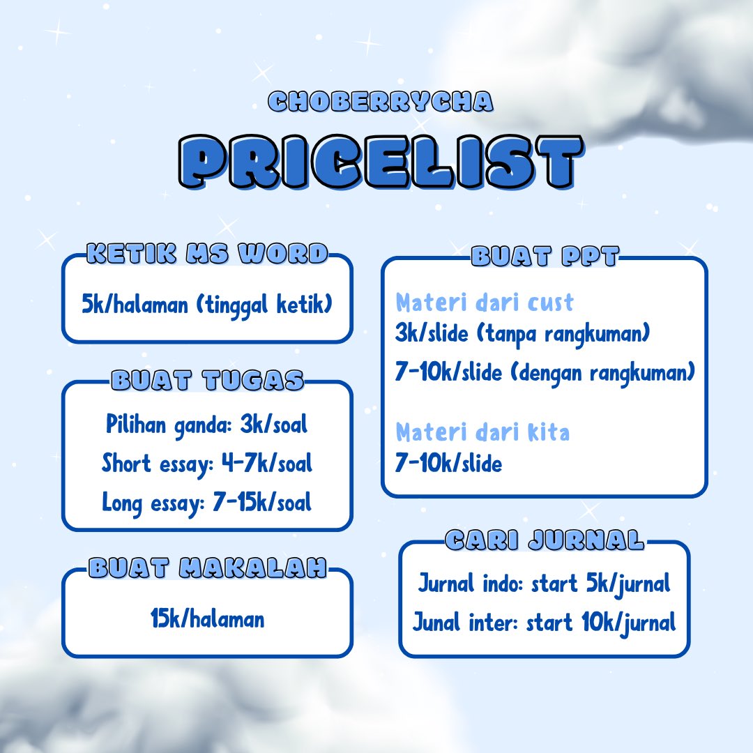 pagi gengs!! kita sudah opeh yaahhh💓 yang mau joki:
• formatting, rapihin file, nomor halaman
• dafis daftar isi, tabel, gambar, lampiran
• ketik word, essay, review artikel
• makalah laporan tugas kuliah ppt
bisa chat kesini [[wa.me/628980303730]]🫰🏻🫰🏻
#zonauang #zonaba