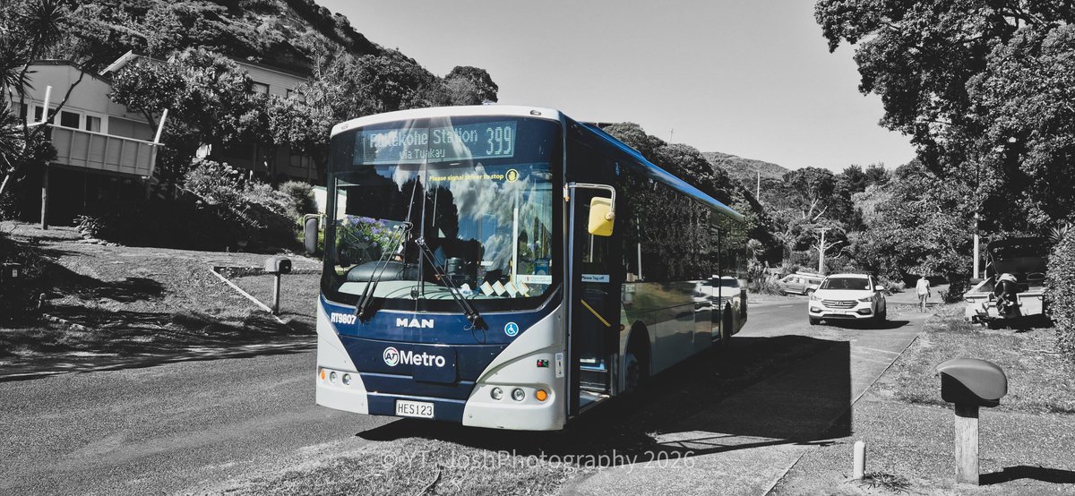 YT_JoshTransit's tweet photo. RT9807 on the Morning 399 run to and from Port Waikato. The 399 used to be a Thursday Only Bus Route connecting the small but important town of Port Waikato with Tuakau, Pokeno and Pukekohe. This route was quietly removed on Sunday 19 April 2026.

Rest In Peace Route 399 ♥️🕊 https://t.co/OtO2hL5dKJ