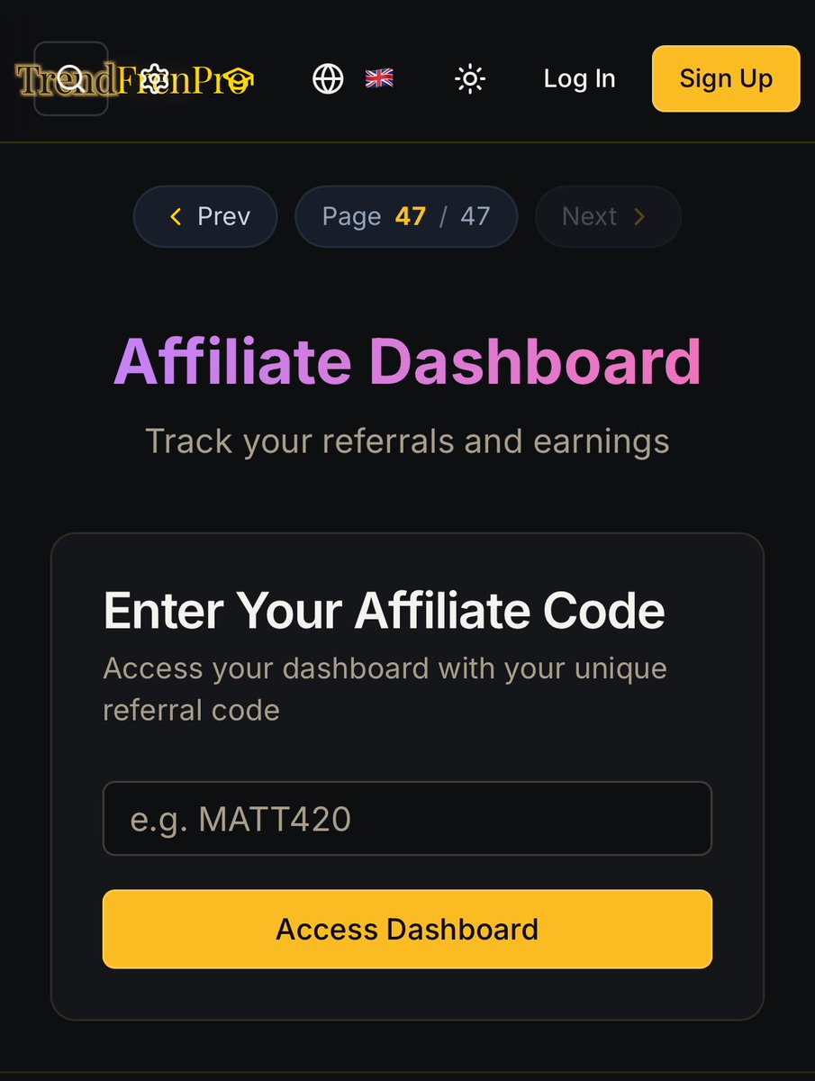 TrendFren_Pro's tweet image. TrendFrenPro Affiliate Dashboard is HERE! 🤝 

Enter your code → Track referrals &amp;amp; earnings instantly 🏦 

Want to join the affiliate program?  

Email - trendfrenpro@gmail.com 📧 

DM - @TrendFren_Pro @X 

Start earning by sharing TrendFrenPro today! 💸 

#AffiliateProgram
