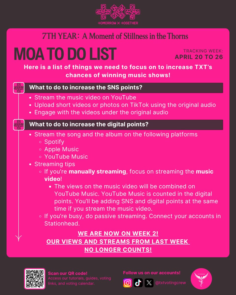 txtvotingcrew's tweet photo. 🚨 We are now on week 2!

⚠️ Our views and streams from last week no longer counts for the music shows

Every views, streams and every votes matter right now.

• Stream the MV consistently on YouTube
• Stream on global platforms like Spotify, Apple Music, YouTube Music.
• Use the official audio on TikTok

Consistency and teamwork will make the difference. Let’s stay active, stay organized, and push together to give TXT the strongest results possible. 💙🔥

#MO4TXT #MOAisONE 
#TOMORROW_X_TOGETHER