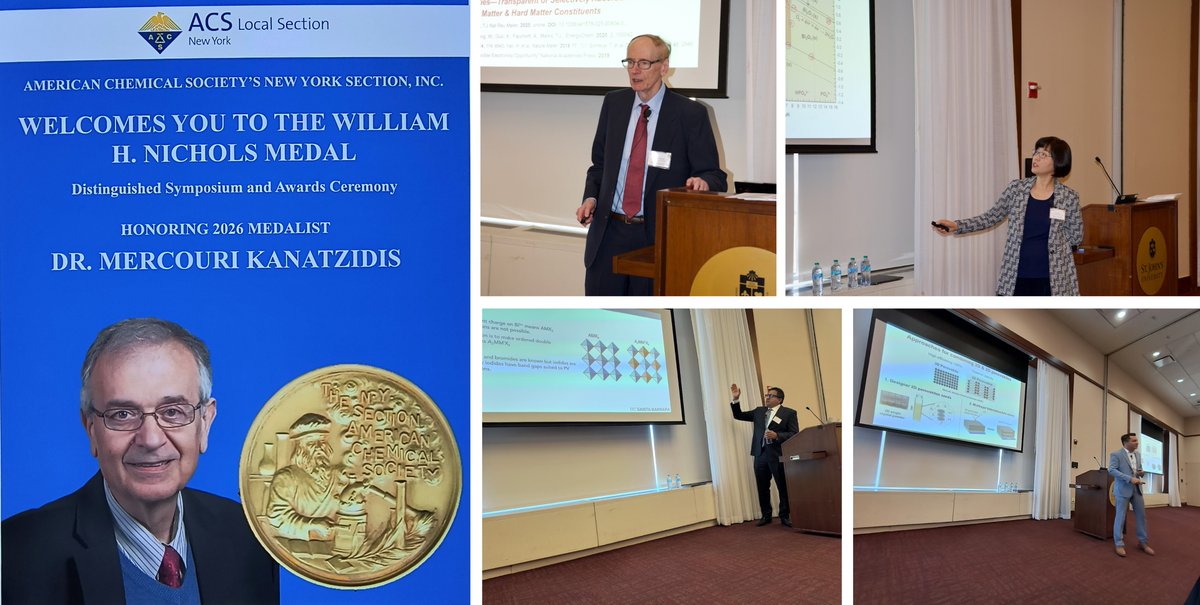 NUChemistry's tweet image. Congrats to @MercouriK on receiving the 2026 ACS William H. Nichols Medal in NY last week for pioneering contributions to #perovskite solar cells.

The event also featured an excellent symposium with Kyung-Sin Choi, Ram Seshadri, Aditya Mohite, and Tobin Marks. #FacultyExcellence
