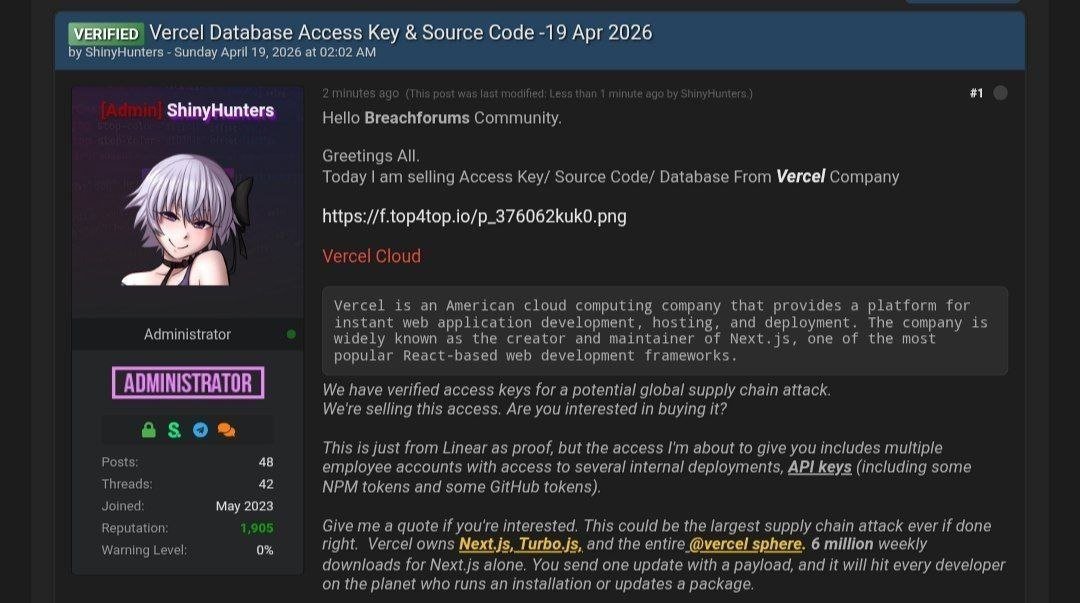 Botcrawl's tweet photo. Vercel, a company backed by a publicly homophobic investor, just got breached and left customers rotating secrets after a third-party AI OAuth compromise hit internal systems. Full article: https://t.co/ZNFXEzbwgA https://t.co/R5IGXojilb