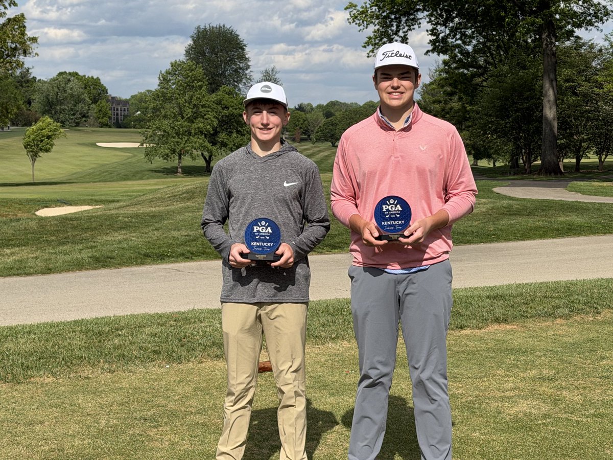 CoreyJackson2's tweet photo. Drayden and Griffin placed 2nd in the KJPGA team event at Audubon Country Club, shooting 69/69 in the 2 day low ball event. It is always a good event. Thanks to Audubon CC and @JuniorGolfKY for a great weekend. https://t.co/bFU4YAA2FD