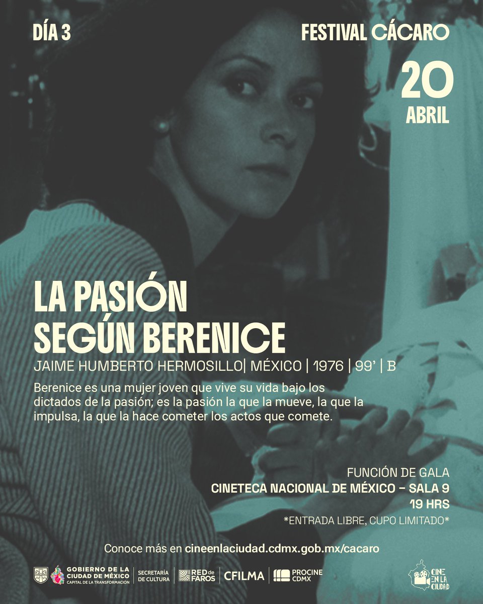 Mañana, Gala de #FestivalCácaro. 
🎬 "La pasión según Berenice" en 35mm a 50 años de su estreno. 
Lunes 20 de abril, 19:00 h, en la <a href="/CinetecaMexico/">Cineteca Nacional</a> Xoco, Sala 9. Entrada libre. 
#CineMexicano
<a href="/CulturaCiudadMx/">Secretaría de Cultura de la Ciudad de México</a>