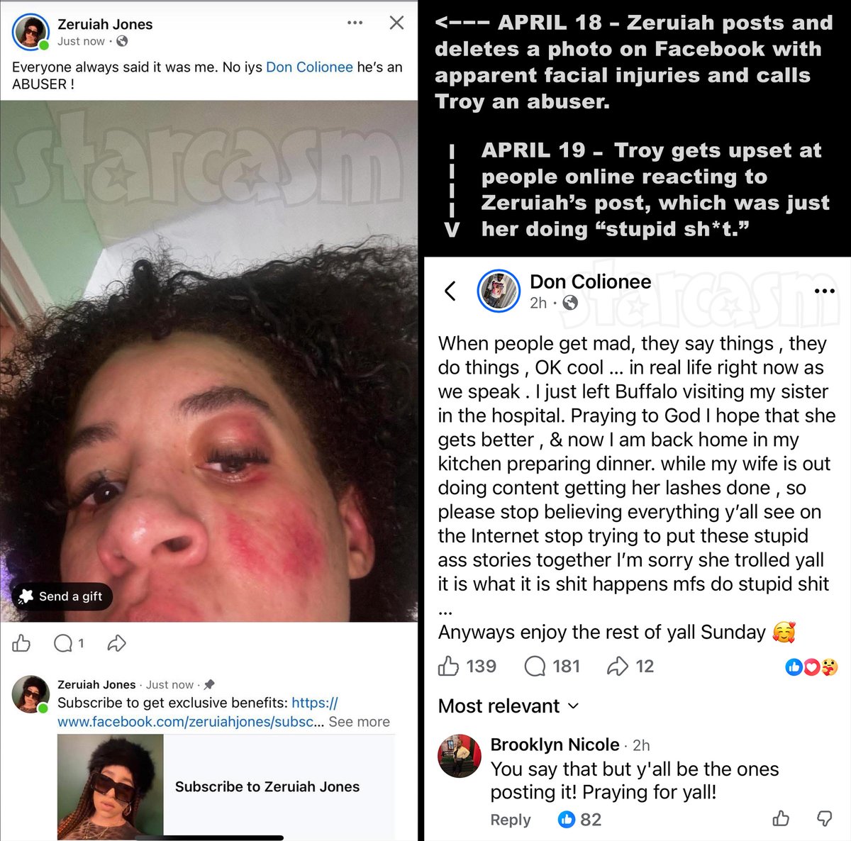 starcasm's tweet image. On Saturday, #LoveAfterLockup's Zeruiah Jones posted and deleted a photo of herself with apparent facial injuries and called her husband Troy Jones (aka Don Colionee) an "abuser."

Earlier today, Troy shared a statement claiming Zeruiah's post was just her trolling and doing