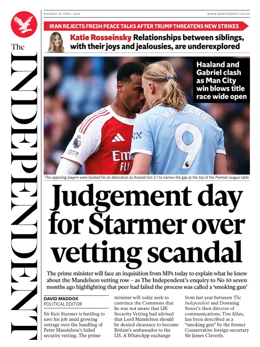 ukpapers's tweet image. ▫ Judgement day for Starmer over vetting scandal

▫Prime minister faces a Commons grilling from MPs on Monday before Olly Robbins ... gives his version of events on Tuesday
▫@DavidPBMaddox
▫is.gd/PoQPSA

@Independent #frontpagestoday #digital #UK 🇬🇧