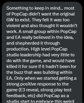 PvZMedia's tweet photo. In a private conversation with an ex-developer, it was revealed that the original PopCap didn't want Garden Warfare to exist, and it was mainly EA and small part of PopCap pushing for it to be made. https://t.co/iaLKkwcAod