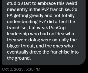 PvZMedia's tweet photo. In a private conversation with an ex-developer, it was revealed that the original PopCap didn't want Garden Warfare to exist, and it was mainly EA and small part of PopCap pushing for it to be made. https://t.co/iaLKkwcAod