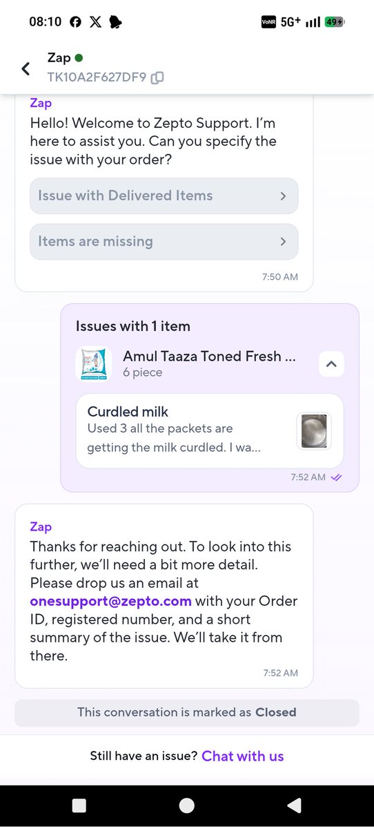 krish_viradiya's tweet photo. @zeptocares @ZeptoNow 
please have a look at this complaint asap and contact me via mail or on my reg mobile no. The SS shows you the issues I have faced on my current order. 

Hope to get the refund soon. https://t.co/QJhWbNqqZw