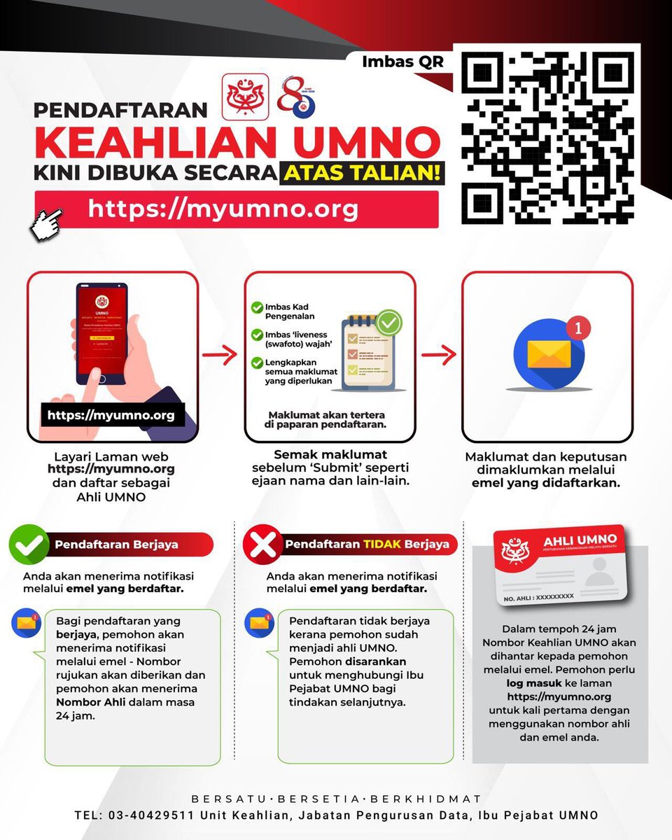 YMMiorAzlan's tweet photo. Pendaftaran keahlian UMNO
Jom semua, pendaftaran sebagai ahli kini lebih mudah dan pantas. Ayuh sertai UMNO, parti keramat melayu ini demi perjuangan agama, bangsa dan tanah air. 
Layari https://t.co/YeWhIijoAX atau imbas kod QR dan ikuti langkah mudah seperti yang tertera. https://t.co/WEJVxFAqFX