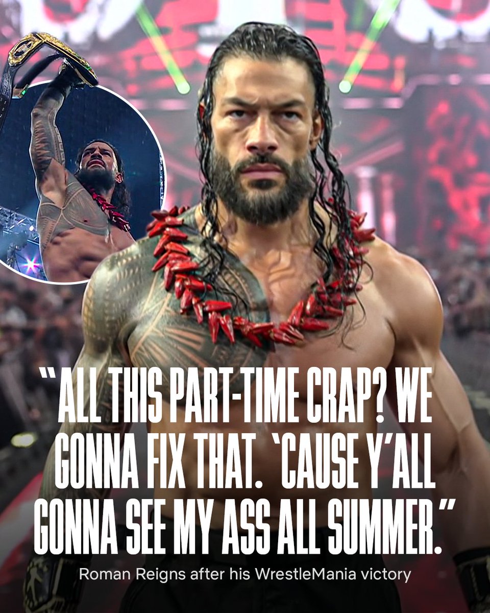 netflixsports's tweet image. TRIBAL CHIEF SUMMER COMING 🔜

Roman Reigns says he isn’t going anywhere 👀

#WrestleMania