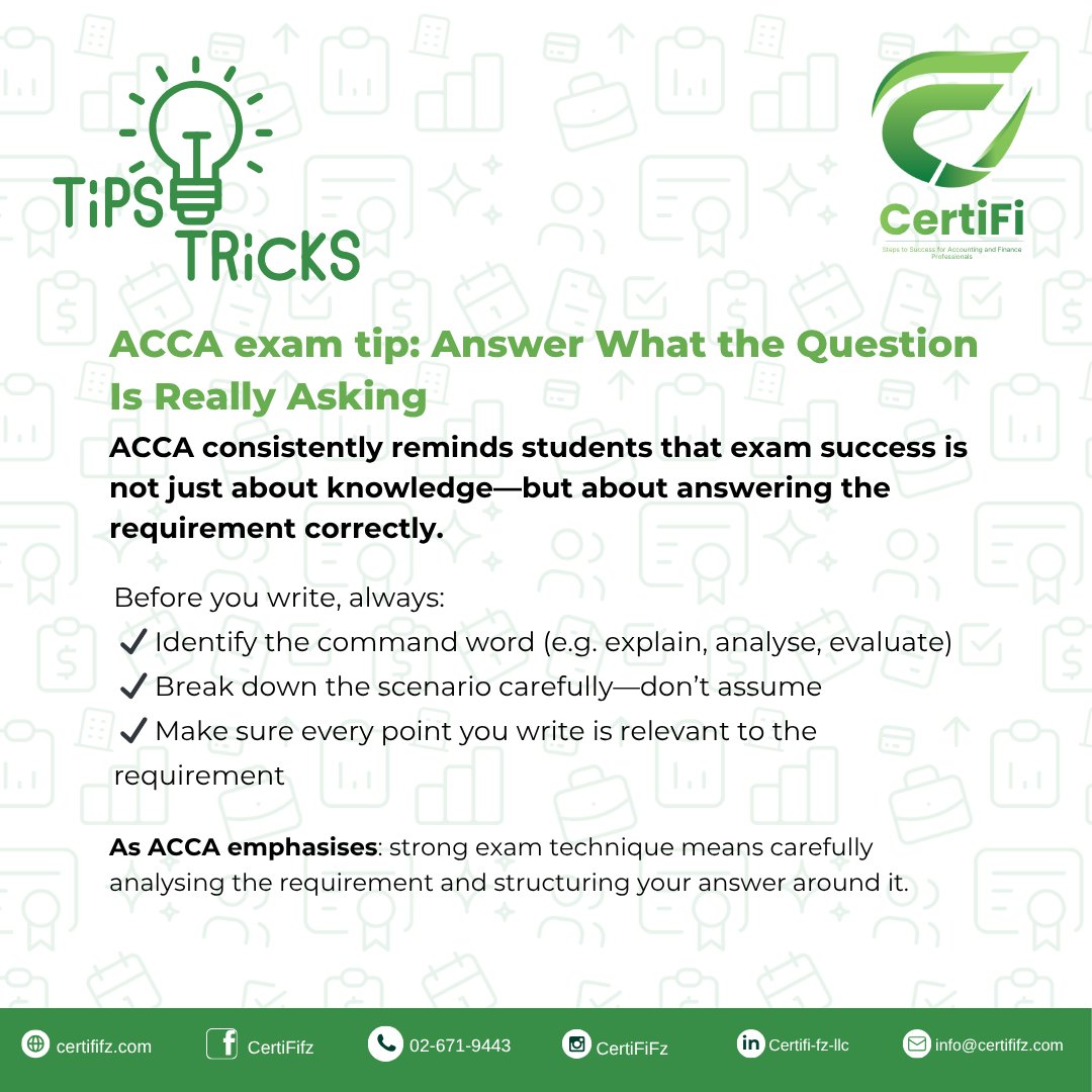 CertifiFZLLC's tweet image. It’s not just what you know—it’s what you answer. 💡

Many ACCA marks are lost by missing the requirement, not lack of knowledge.

Focus on the command words, stay relevant, and answer with purpose. 📈

#ACCA #StudyTips #exampreparation #SmartStudy