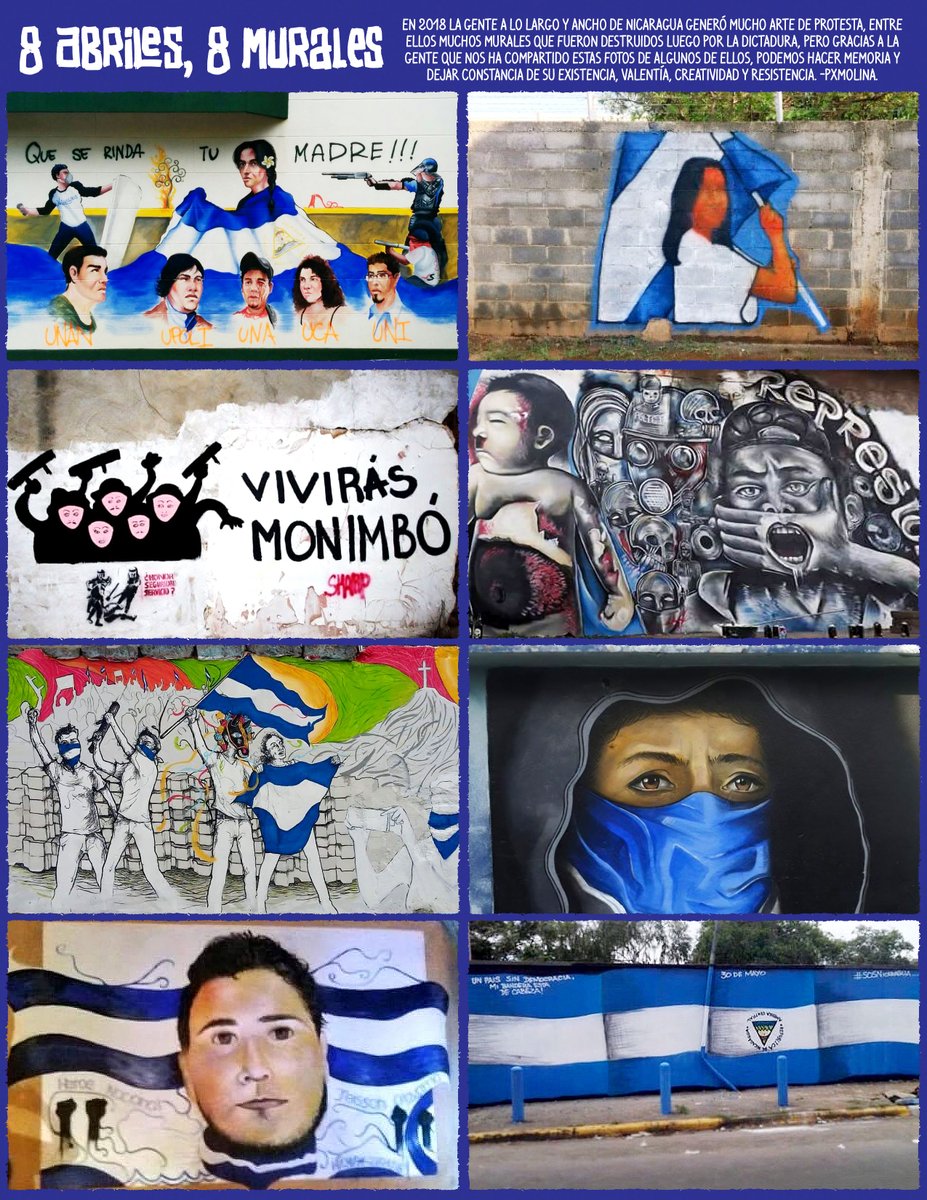 pxmolina's tweet photo. #Nicaragua 8 abriles, 8 murales, en honor a los artistas que pusieron su talento al lado del pueblo, las víctimas y la patria. Si tienen más fotos de el arte azulyblanco realizado desde entonces, mándenlas por DM que acá las compartimos. #CrearEsResistir #SOSNICARAGUA #SOSARTE https://t.co/1ZSVKn9O5B