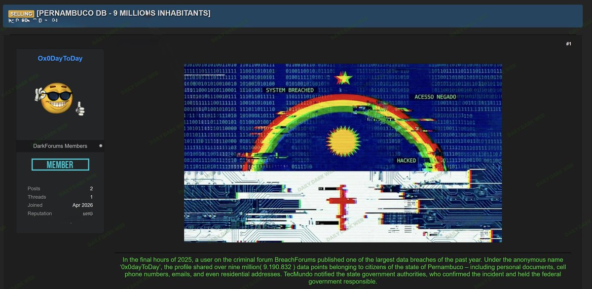 DailyDarkWeb's tweet photo. 🇧🇷 Pernambuco (Brazil) Database Resurfaced — 9M+ Citizens Exposed

A dark web post is circulating a dataset linked to Pernambuco, Brazil, claiming exposure of ~9.1 million individuals.

📊 Key Details:
• Region: Pernambuco (Brazil)
• Records: ~9,190,832
• Data includes:

Personal documents
Phone numbers
Email addresses
Residential addresses

🧠 Threat Intelligence Insight:
• This is not a new breach — it appears to be a repackaged / resurfaced dataset:

Originally reported in prior incidents
Now being redistributed or monetized again

• Common pattern:

Old large-scale government datasets → resold multiple times
Often marketed as “fresh” to increase value

• Despite being old, risk remains high:

Data is still valid for:
Identity theft
Fraud (SIM swap, banking scams)
Social engineering

⚠️ Assessment:
• High credibility (historical breach)
• Low novelty (not a new incident)

⚠️ DDW Strategy Recommendation:
• ✅ You can post this — but frame it correctly:

👉 Position as:
“Resurfaced / circulating again on dark web”

❌ Avoid:
• Calling it a “new breach”
• Overstating impact as recent

⚠️ Risk Implications:
• Long-term exposure of Brazilian citizens
• Continued abuse of leaked national-scale datasets
• Demonstrates data lifecycle problem in cybercrime markets

📊 Status: Old breach — actively redistributed

⸻

💬 In the dark web economy, data doesn’t expire — it just gets resold.

#CyberSecurity #DataBreach #Brazil #ThreatIntel #DarkWeb #DDW