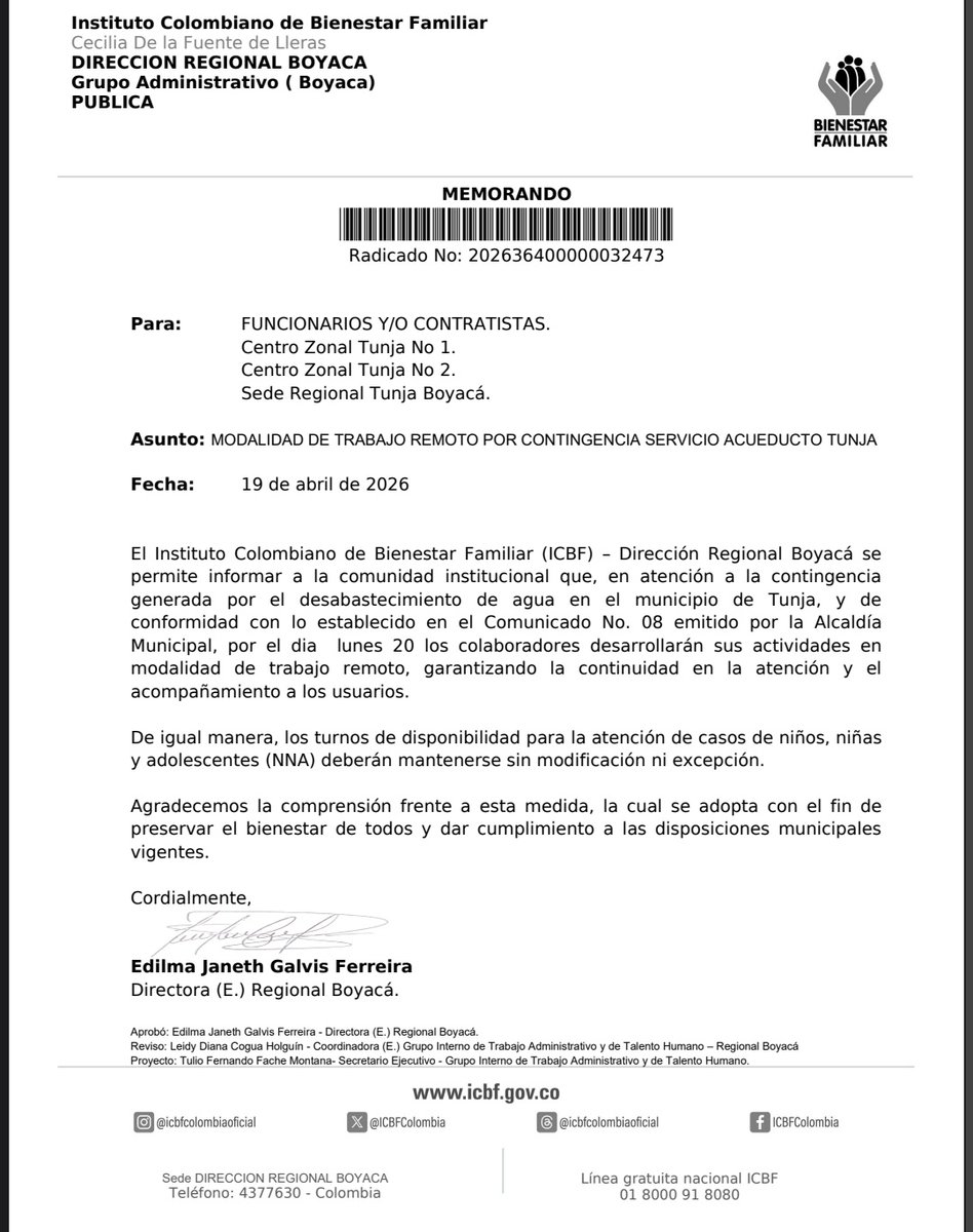 Edilma_Galvis's tweet photo. #Atencion : El ICBF Regional Boyacá informa a los medios de comunicación y a la comunidad en general sobre la atención y trabajo remoto adoptados ante la contingencia y desabastecimiento de agua por la emergencia en la ciudad de Tunja. https://t.co/qi3bCCWENu