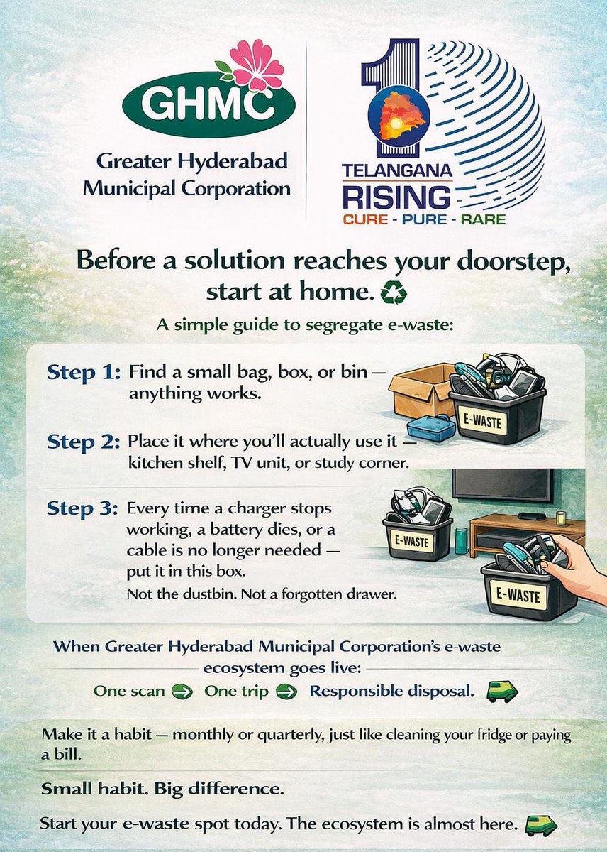 GHMCOnline's tweet photo. Most homes have a wet waste bin and a dry waste bin.
𝐈𝐭’𝐬 𝐭𝐢𝐦𝐞 𝐭𝐨 𝐚𝐝𝐝 𝐚 𝐭𝐡𝐢𝐫𝐝. 🧵

Here’s a simple habit that takes just 2 minutes — and makes a real difference when Greater Hyderabad Municipal Corporation’s e-waste ecosystem goes live.

Step 1: Find any small bag, box, or bin you already have.

Step 2: Place it somewhere visible — near your TV unit, study table, or kitchen shelf.

Step 3: Label it: “E-Waste.” Done.
Now, every time a charger stops working, a battery dies, or you upgrade a device — it goes into this box. Not the dustbin.

No rush if it fills slowly. Empty it monthly, bi-monthly, or whenever convenient.

When the system goes live, just scan → find the nearest drop-off → dispose responsibly. Simple.
Start your e-waste spot today. The launch is closer than you think. 🔜

#EWasteHabit #GHMC #ResponsibleHyderabad #CircularCity

@TelanganaCS @TelanganaCMO @jayesh_ranjan @IPRTelangana @CommissionrGHMC