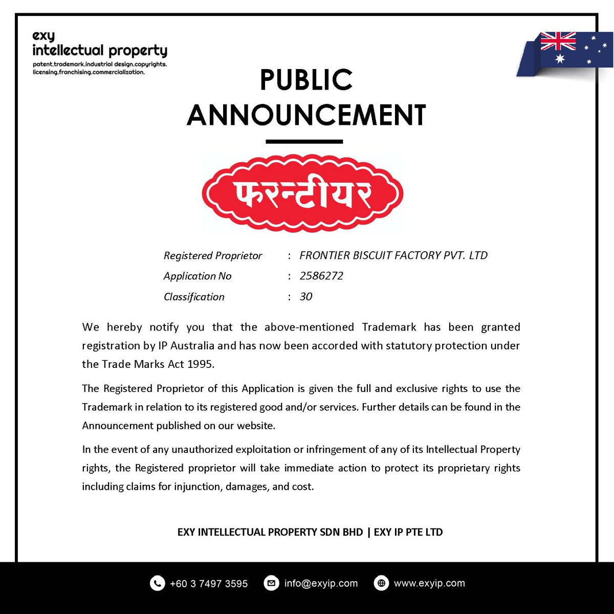exyip's tweet image. We are very much pleased to inform you that the mentioned Trademark had been successfully granted with Trademark Registration.

Congratulations FRONTIER BISCUIT 🎉 

#ExyIP #Trademark #intellectualproperty