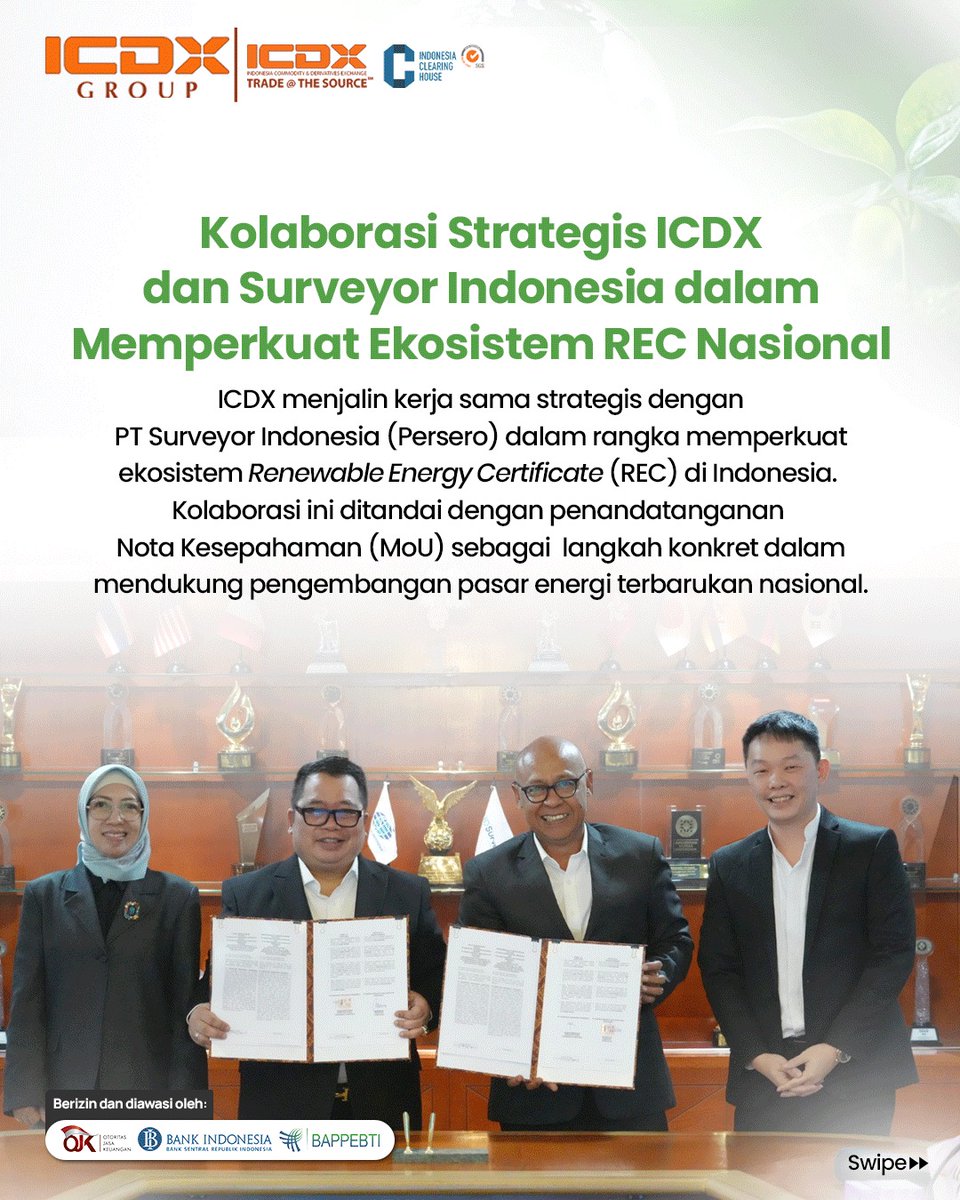 ICDXgroup's tweet photo. ICDX bersama PT Surveyor Indonesia (Persero) menjalin sinergi strategis untuk memperkuat ekosistem Renewable Energy Certificate (REC) di Indonesia, sebagai bagian dari upaya mendorong pertumbuhan pasar energi terbarukan nasional.

Di tengah meningkatnya tuntutan global terhadap praktik keberlanjutan, REC hadir sebagai instrumen yang memungkinkan pelaku usaha berkontribusi dalam penggunaan energi bersih secara terukur dan terverifikasi. Melalui kolaborasi ini, kedua pihak berkomitmen membangun tata kelola perdagangan REC yang terintegrasi, transparan, dan sejalan dengan standar internasional.

Sebagai Bursa Komoditi dan Derivatif, ICDX berperan dalam menyediakan infrastruktur dan mekanisme perdagangan yang andal serta mendorong terciptanya pasar yang likuid dan akuntabel. Sementara itu, Surveyor Indonesia menjalankan peran sebagai Guardian of Assurance melalui proses verifikasi, sertifikasi, serta penguatan integritas sistem REC di Indonesia.

Kolaborasi ini diharapkan memberikan nilai tambah bagi berbagai pemangku kepentingan—mulai dari kemudahan akses verifikasi bagi pelaku usaha, dukungan terhadap target dekarbonisasi, hingga peningkatan transparansi pasar dan pengembangan instrumen pembiayaan hijau.

Melalui langkah ini, ICDX menegaskan komitmennya dalam mendukung percepatan transisi energi serta pengembangan ekosistem perdagangan energi terbarukan yang kredibel, transparan, dan berintegritas di Indonesia.

#BursaUntukSemua #ICDX #REC #EnergiTerbarukan #Sustainability #GreenEconomy #EnergyTransition