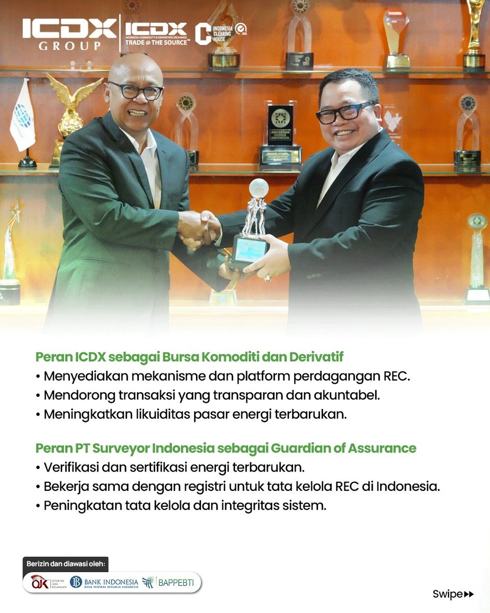 ICDXgroup's tweet photo. ICDX bersama PT Surveyor Indonesia (Persero) menjalin sinergi strategis untuk memperkuat ekosistem Renewable Energy Certificate (REC) di Indonesia, sebagai bagian dari upaya mendorong pertumbuhan pasar energi terbarukan nasional.

Di tengah meningkatnya tuntutan global terhadap praktik keberlanjutan, REC hadir sebagai instrumen yang memungkinkan pelaku usaha berkontribusi dalam penggunaan energi bersih secara terukur dan terverifikasi. Melalui kolaborasi ini, kedua pihak berkomitmen membangun tata kelola perdagangan REC yang terintegrasi, transparan, dan sejalan dengan standar internasional.

Sebagai Bursa Komoditi dan Derivatif, ICDX berperan dalam menyediakan infrastruktur dan mekanisme perdagangan yang andal serta mendorong terciptanya pasar yang likuid dan akuntabel. Sementara itu, Surveyor Indonesia menjalankan peran sebagai Guardian of Assurance melalui proses verifikasi, sertifikasi, serta penguatan integritas sistem REC di Indonesia.

Kolaborasi ini diharapkan memberikan nilai tambah bagi berbagai pemangku kepentingan—mulai dari kemudahan akses verifikasi bagi pelaku usaha, dukungan terhadap target dekarbonisasi, hingga peningkatan transparansi pasar dan pengembangan instrumen pembiayaan hijau.

Melalui langkah ini, ICDX menegaskan komitmennya dalam mendukung percepatan transisi energi serta pengembangan ekosistem perdagangan energi terbarukan yang kredibel, transparan, dan berintegritas di Indonesia.

#BursaUntukSemua #ICDX #REC #EnergiTerbarukan #Sustainability #GreenEconomy #EnergyTransition
