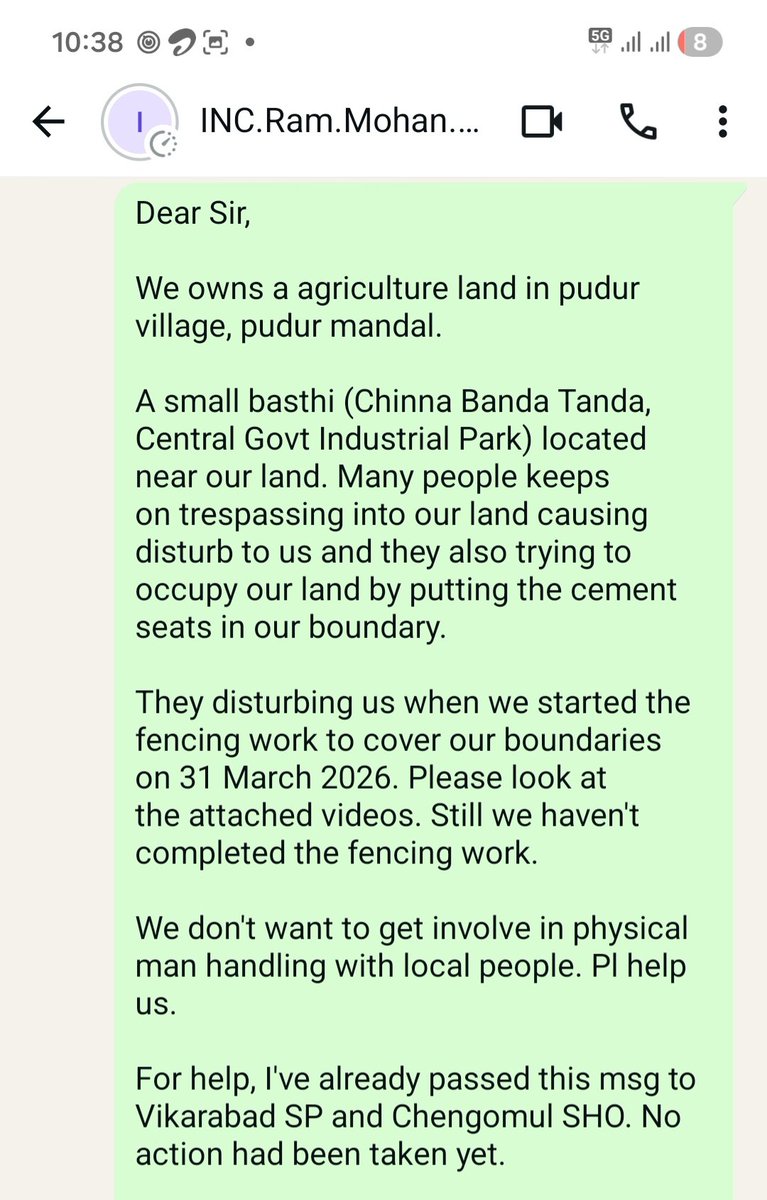 manmohanb76's tweet photo. @TelanganaCMO @ncbn @AndhraPradeshCM CM Sir,

We owns a  patta agri land sy 1 4 6 in Pudur Village, Pudur Mandal, Vikarabad.

Many localites trespassing, trying to occupy &amp; also not allowing us to fix the fence in our land.

Pl help us.

@TelanganaCMO @TelanganaCS
 @TelanganaCOPs
 @TelanganaDGP
 @coll_vkb @chengomul https://t.co/gXz6hHx1B5