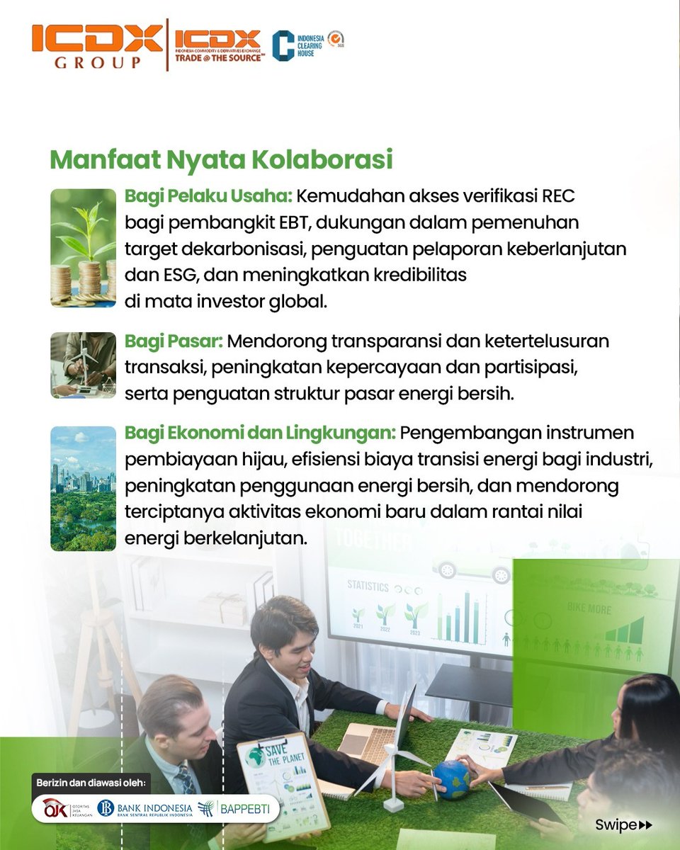 ICDXgroup's tweet photo. ICDX bersama PT Surveyor Indonesia (Persero) menjalin sinergi strategis untuk memperkuat ekosistem Renewable Energy Certificate (REC) di Indonesia, sebagai bagian dari upaya mendorong pertumbuhan pasar energi terbarukan nasional.

Di tengah meningkatnya tuntutan global terhadap praktik keberlanjutan, REC hadir sebagai instrumen yang memungkinkan pelaku usaha berkontribusi dalam penggunaan energi bersih secara terukur dan terverifikasi. Melalui kolaborasi ini, kedua pihak berkomitmen membangun tata kelola perdagangan REC yang terintegrasi, transparan, dan sejalan dengan standar internasional.

Sebagai Bursa Komoditi dan Derivatif, ICDX berperan dalam menyediakan infrastruktur dan mekanisme perdagangan yang andal serta mendorong terciptanya pasar yang likuid dan akuntabel. Sementara itu, Surveyor Indonesia menjalankan peran sebagai Guardian of Assurance melalui proses verifikasi, sertifikasi, serta penguatan integritas sistem REC di Indonesia.

Kolaborasi ini diharapkan memberikan nilai tambah bagi berbagai pemangku kepentingan—mulai dari kemudahan akses verifikasi bagi pelaku usaha, dukungan terhadap target dekarbonisasi, hingga peningkatan transparansi pasar dan pengembangan instrumen pembiayaan hijau.

Melalui langkah ini, ICDX menegaskan komitmennya dalam mendukung percepatan transisi energi serta pengembangan ekosistem perdagangan energi terbarukan yang kredibel, transparan, dan berintegritas di Indonesia.

#BursaUntukSemua #ICDX #REC #EnergiTerbarukan #Sustainability #GreenEconomy #EnergyTransition